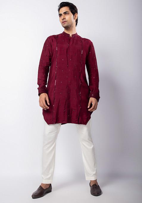 Maroon Hand Embroidered Silk Kurta Set For Men