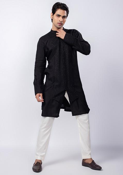 Black Hand Embroidered Silk Kurta Set For Men