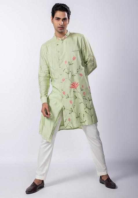 Light Green Hand Embroidered Silk Kurta Set For Men