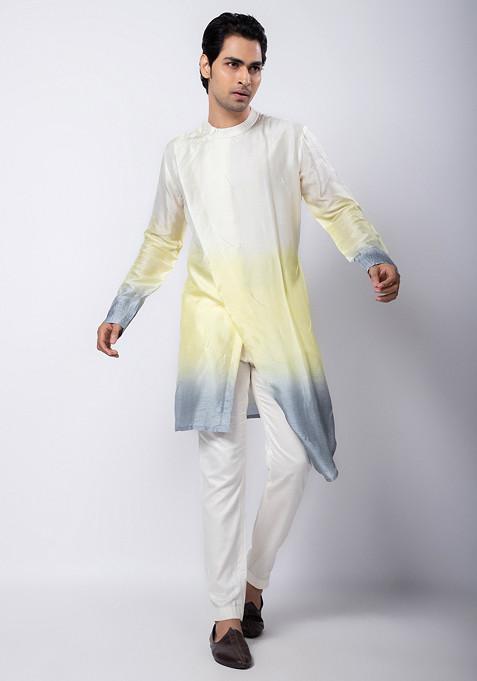 Multicolour Hand Embroidered Silk Kurta Set For Men