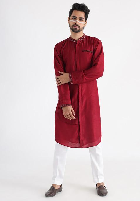 Maroon Embroidered Silk Kurta Set For Men