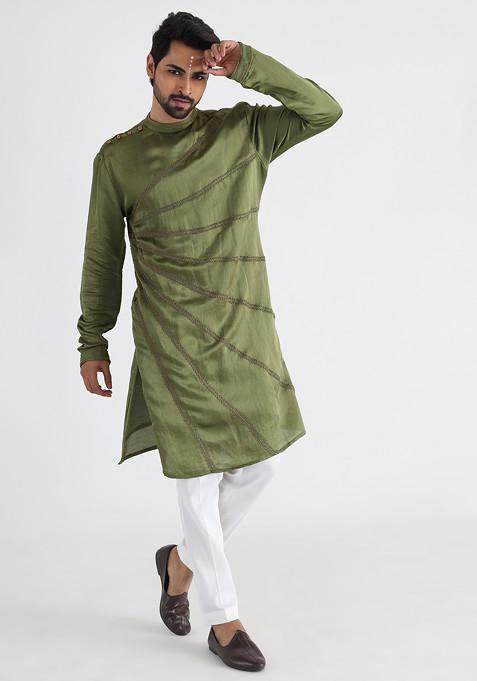 Olive Green Hand Embroidered Linen Satin Kurta Set For Men