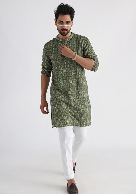 Olive Green Hand Embroidered Chanderi Kurta Set For Men