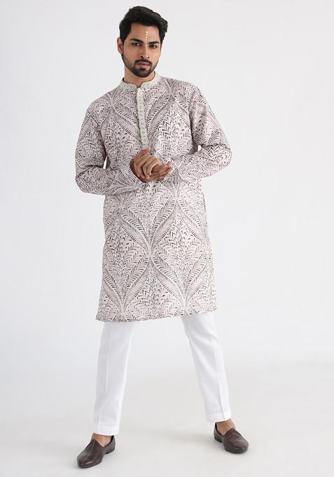 Off White Hand Embroidered Linen Kurta Set For Men