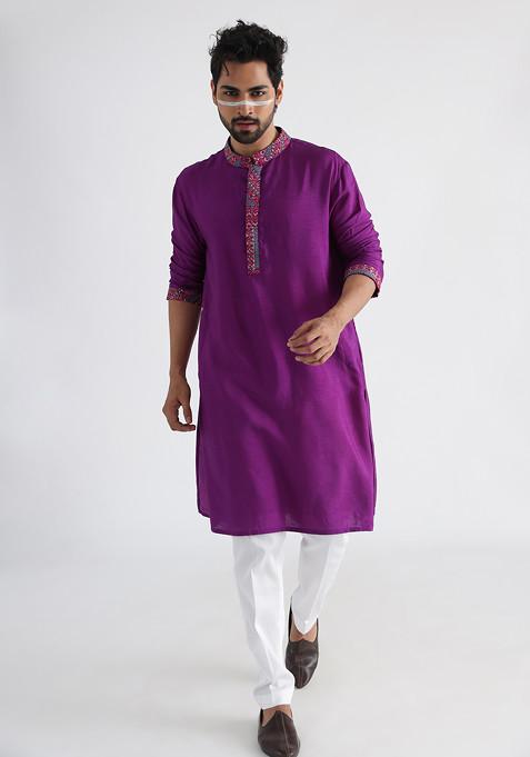 Purple Hand Embroidered Silk Kurta Set For Men