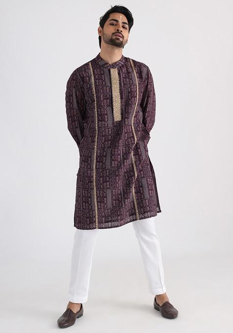 Brown Printed Hand Embroidered Muslin Kurta Set For Men