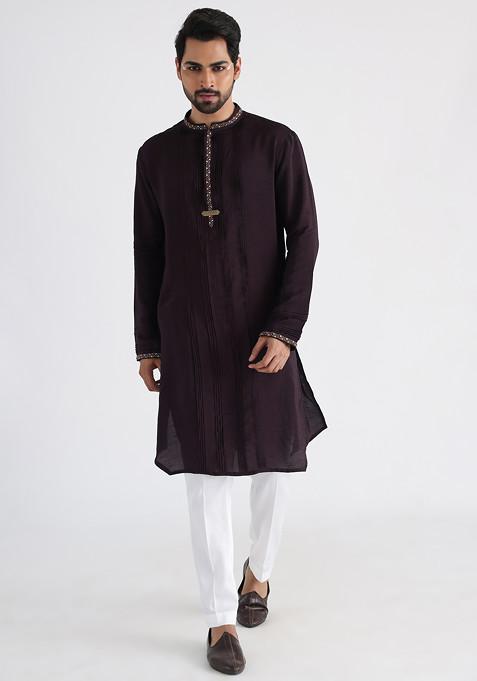 Brown Embroidered Silk Kurta Set For Men