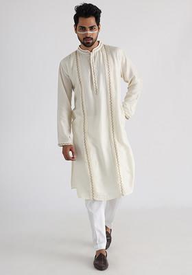 Off White Hand Embroidered Silk Kurta Set For Men