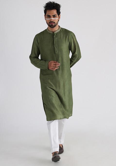 Olive Green Hand Embroidered Silk Kurta Set For Men