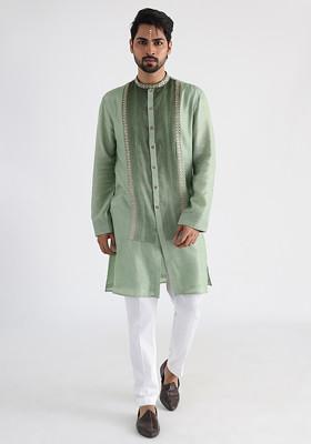 Green Hand Embroidered Silk Kurta Set For Men