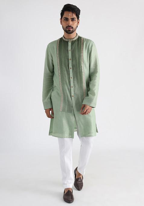 Green Hand Embroidered Silk Kurta Set For Men