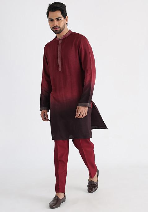 Maroon Hand Embroidered Silk Kurta Set For Men