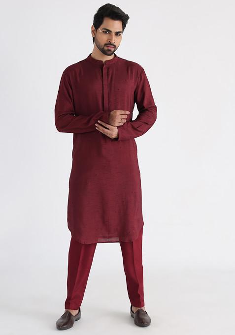 Dark Maroon Hand Embroidered Silk Kurta Set For Men