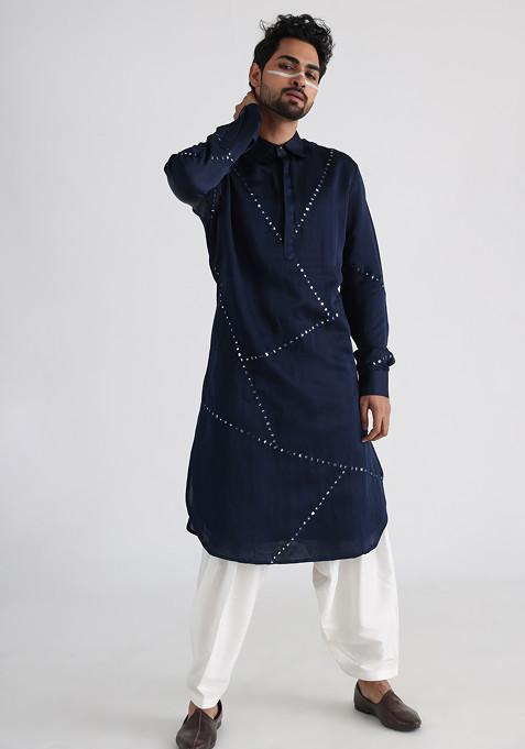 Navy Blue Embroidered Linen Satin Kurta Set For Men