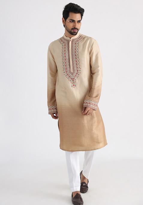 Off White Embroidered Silk Kurta Set For Men