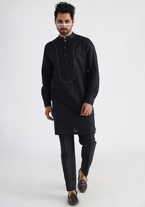 Black Embroidered Khadi Kurta Set For Men