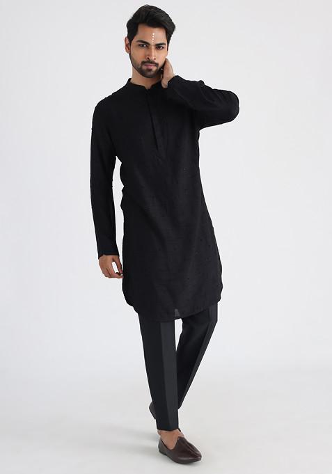 Black Embroidered Silk Kurta Set For Men