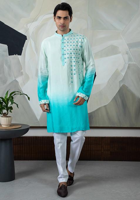 Turquoise Blue Embroidered Silk Kurta Set For Men