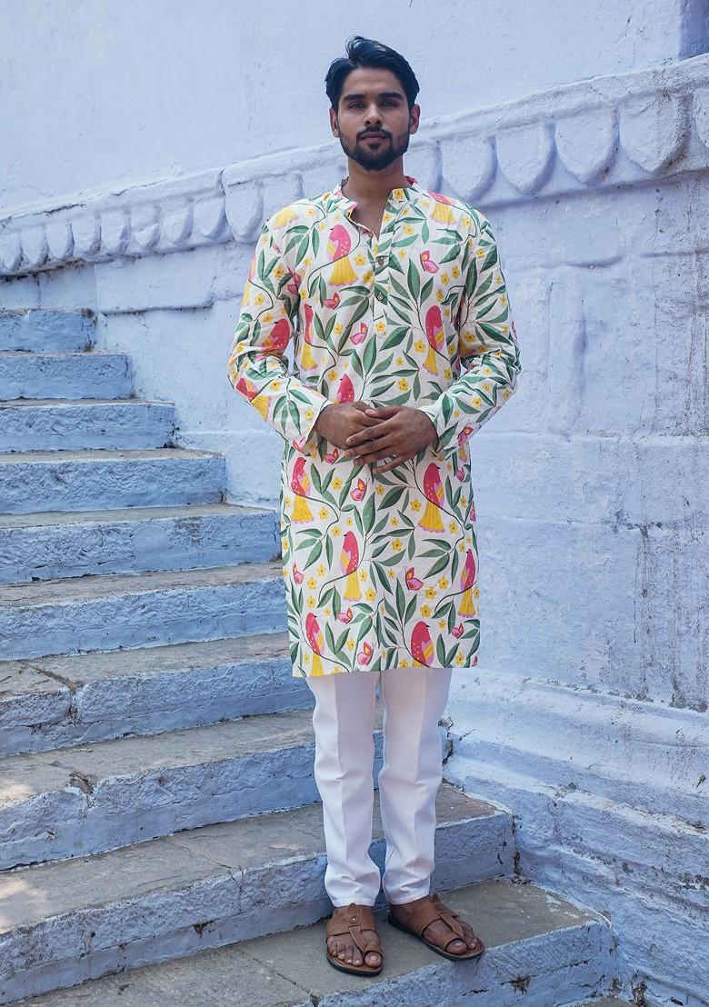 White Printed Woven Cotton Kurta Set For Men