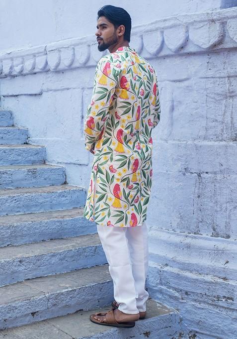 White Printed Woven Cotton Kurta Set For Men