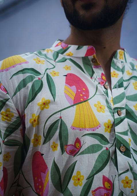 White Printed Woven Cotton Kurta Set For Men