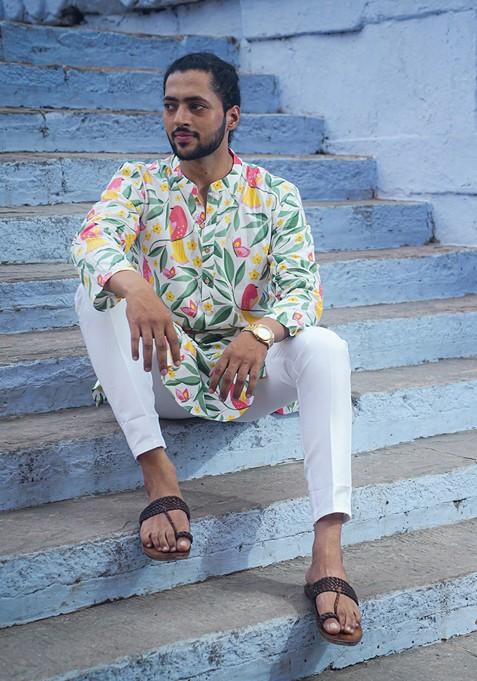White Printed Woven Cotton Kurta Set For Men