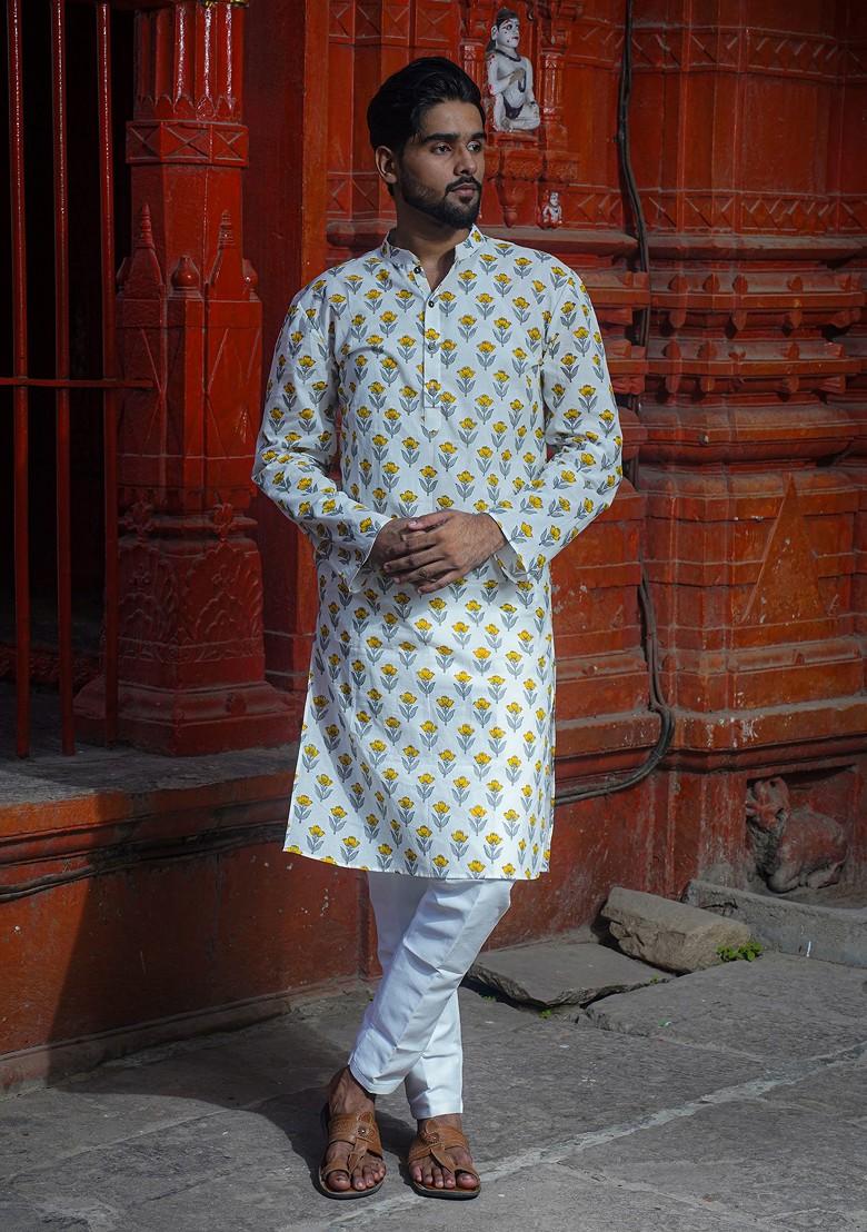 White Printed Woven Cotton Kurta Set For Men