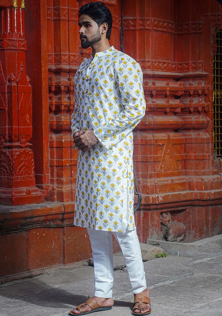 White Printed Woven Cotton Kurta Set For Men