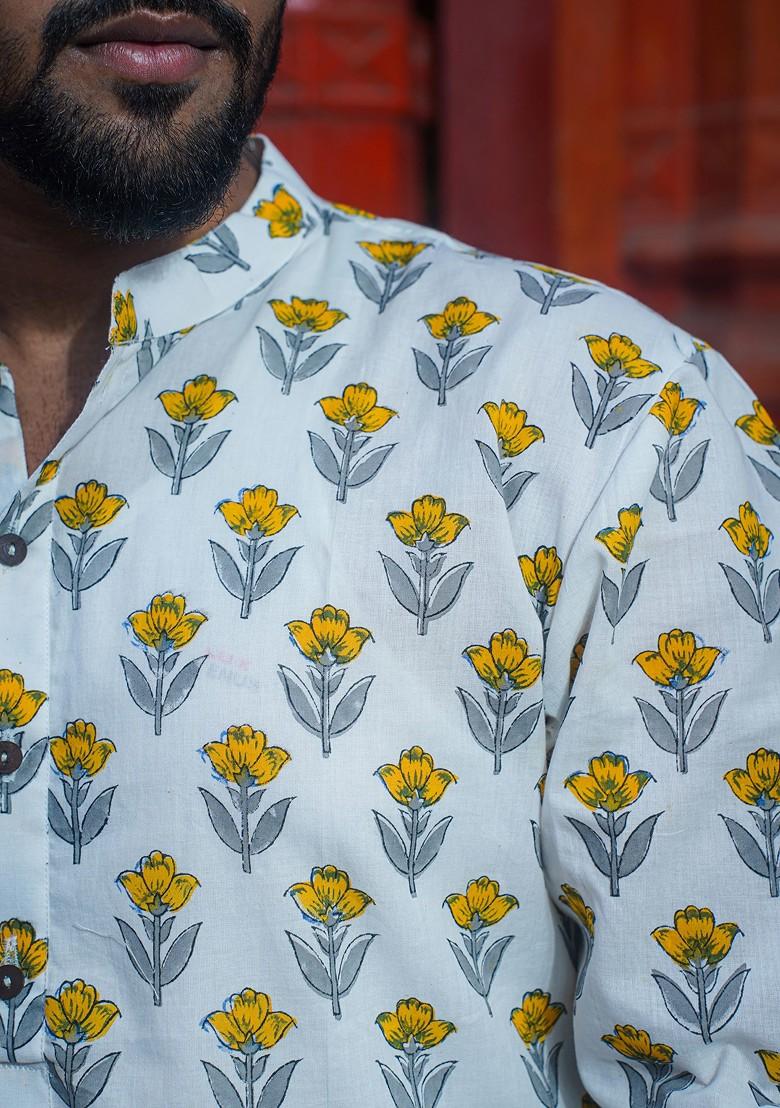 White Printed Woven Cotton Kurta Set For Men