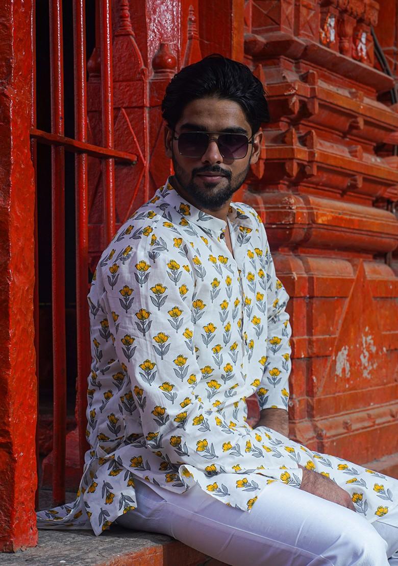 White Printed Woven Cotton Kurta Set For Men