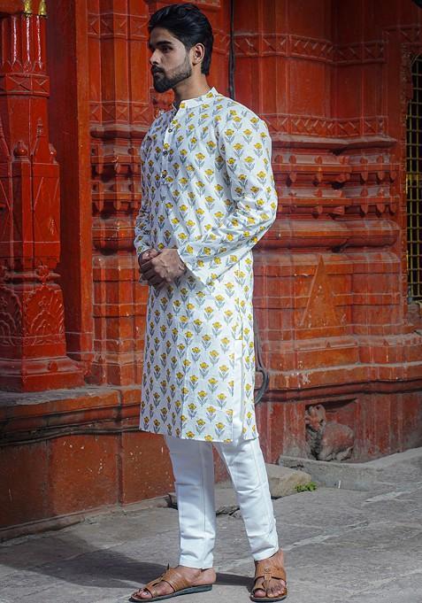 White Printed Woven Cotton Kurta Set For Men