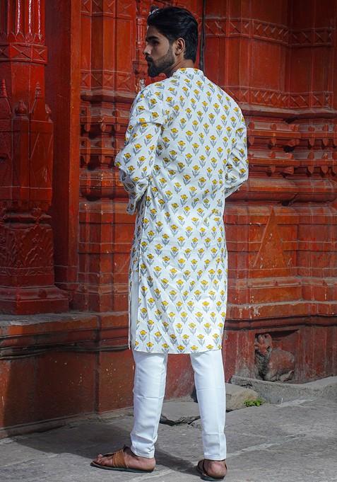 White Printed Woven Cotton Kurta Set For Men