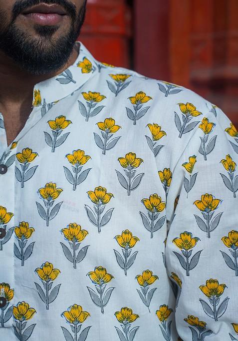 White Printed Woven Cotton Kurta Set For Men