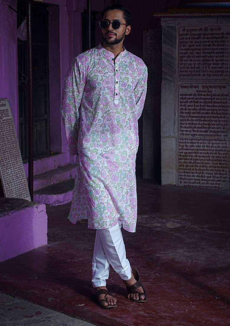 Pink Printed Woven Cotton Kurta Set For Men - Indya