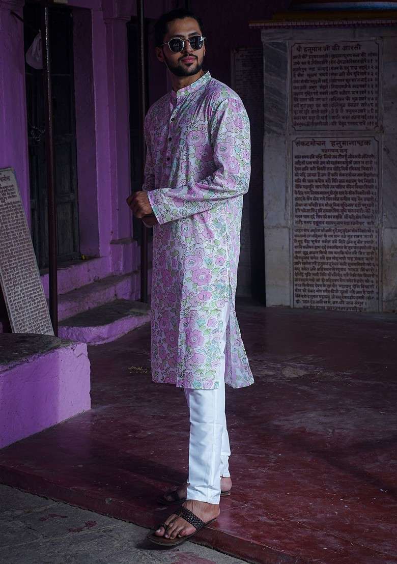 Pink Printed Woven Cotton Kurta Set For Men - Indya