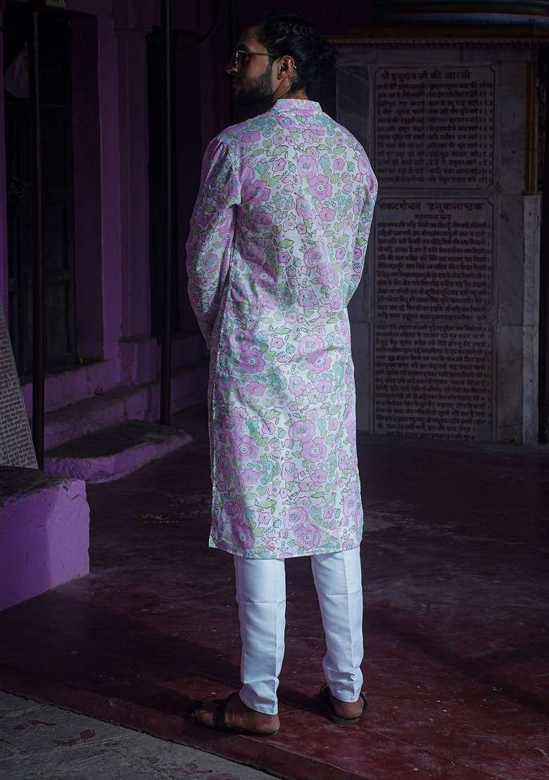 Pink Printed Woven Cotton Kurta Set For Men - Indya