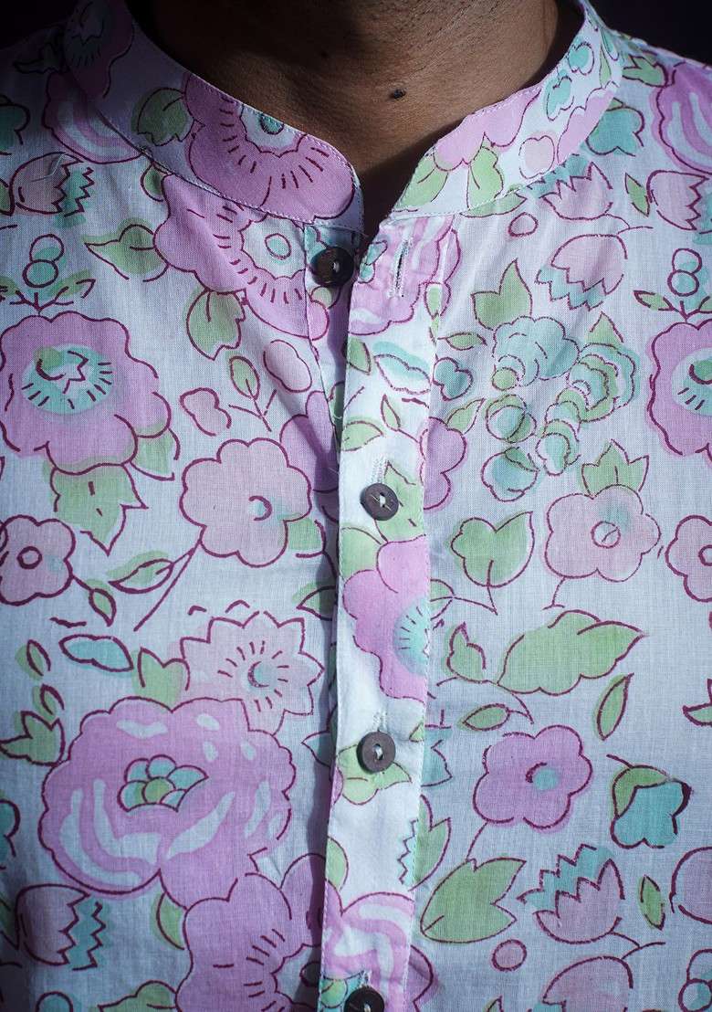 Pink Printed Woven Cotton Kurta Set For Men - Indya