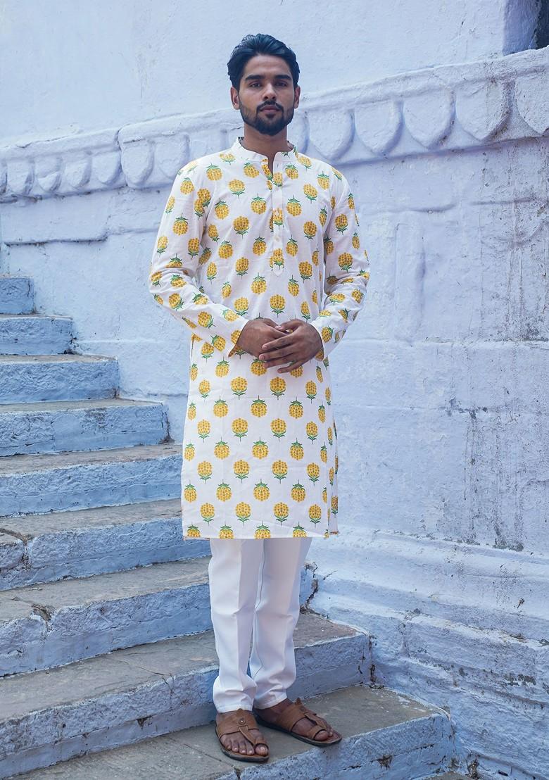 White Printed Woven Cotton Kurta Set For Men