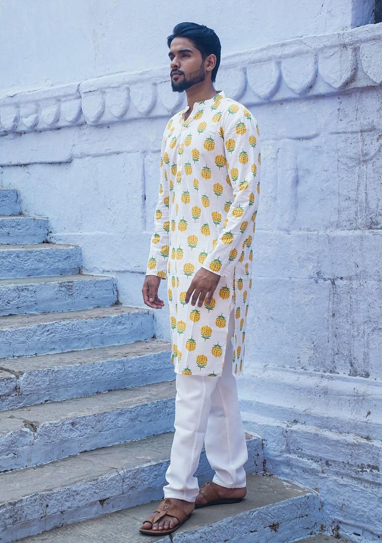 White Printed Woven Cotton Kurta Set For Men