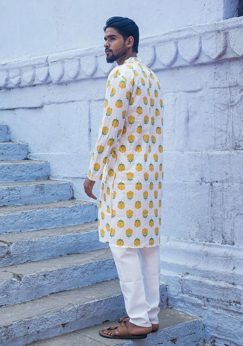 White Printed Woven Cotton Kurta Set For Men