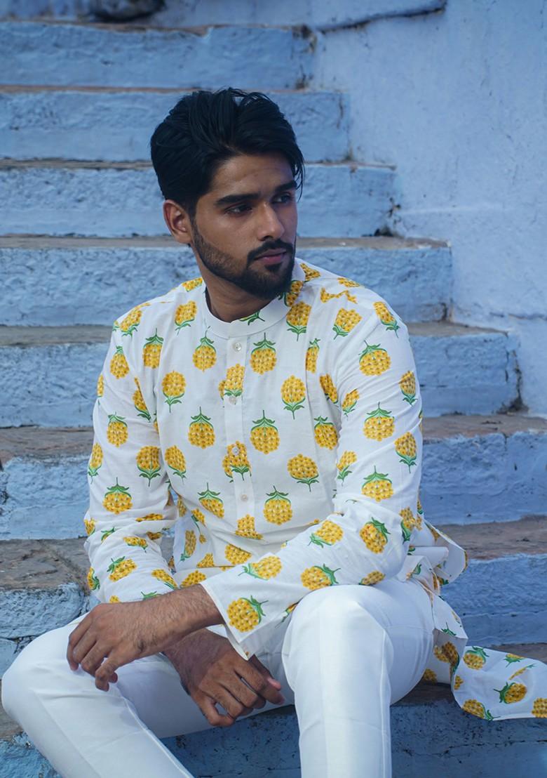 White Printed Woven Cotton Kurta Set For Men