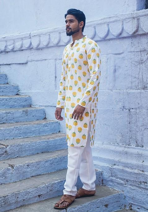 White Printed Woven Cotton Kurta Set For Men