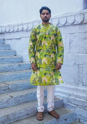 Green Printed Woven Cotton Kurta Set For Men