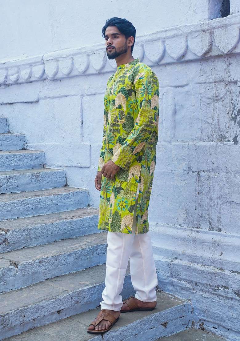 Green Printed Woven Cotton Kurta Set For Men - Indya