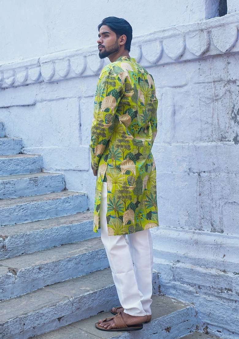 Green Printed Woven Cotton Kurta Set For Men - Indya