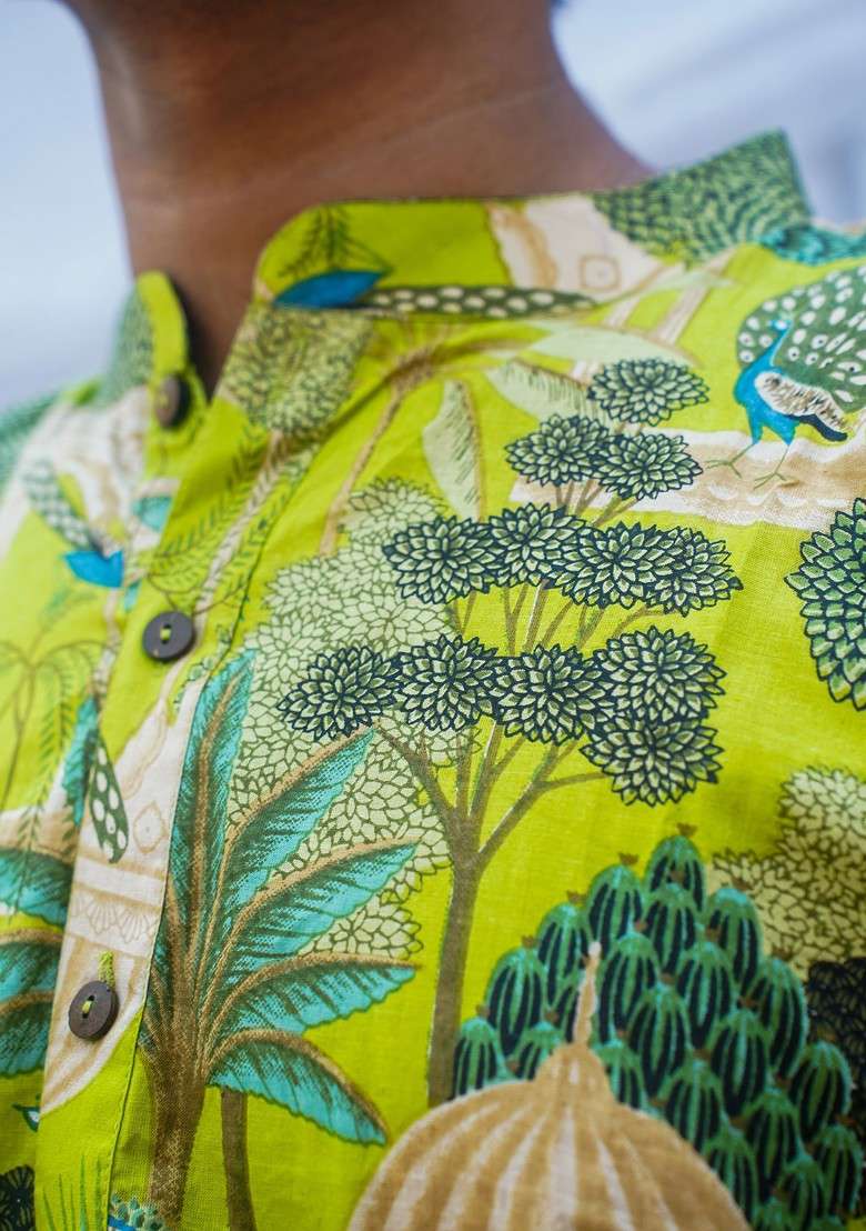 Green Printed Woven Cotton Kurta Set For Men - Indya