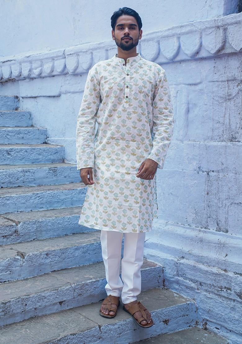 White Printed Woven Cotton Kurta Set For Men