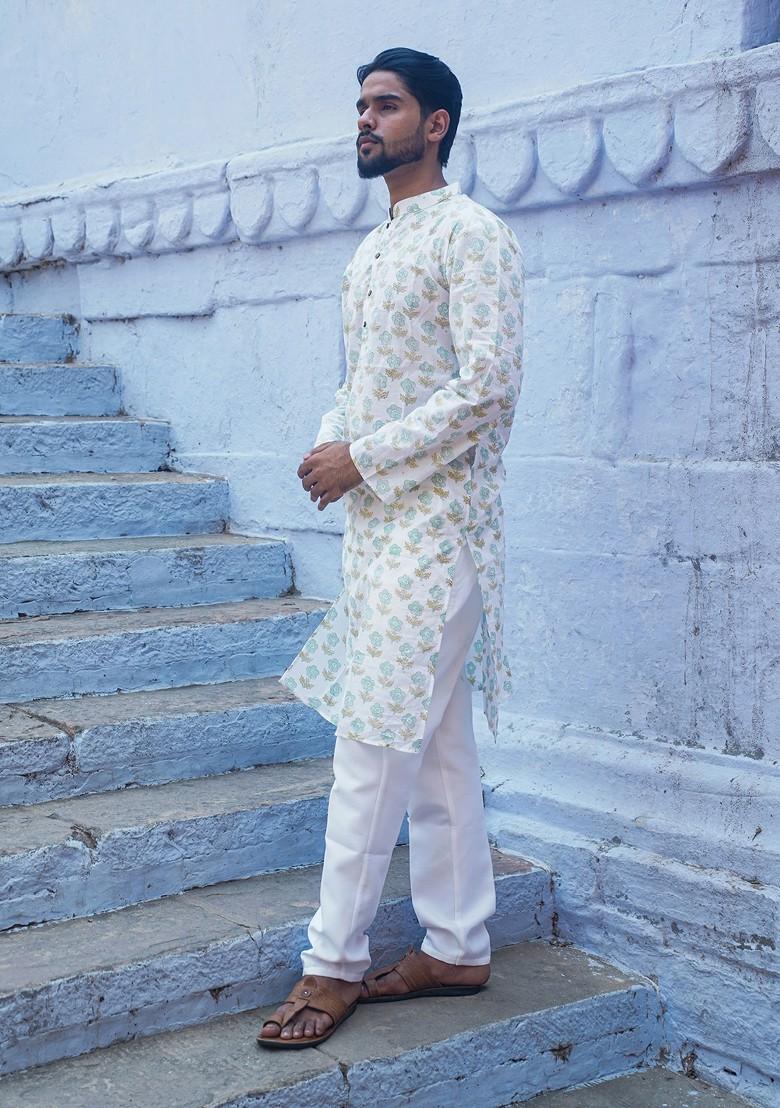 White Printed Woven Cotton Kurta Set For Men