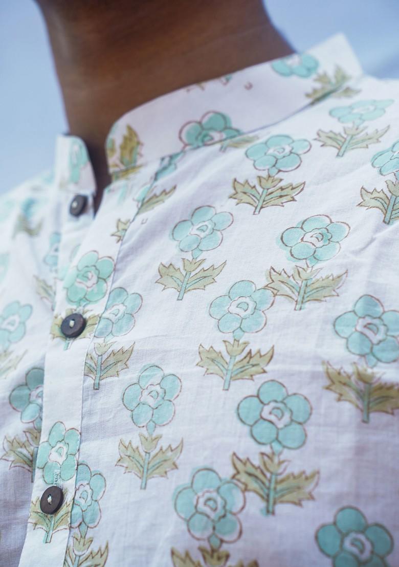 White Printed Woven Cotton Kurta Set For Men