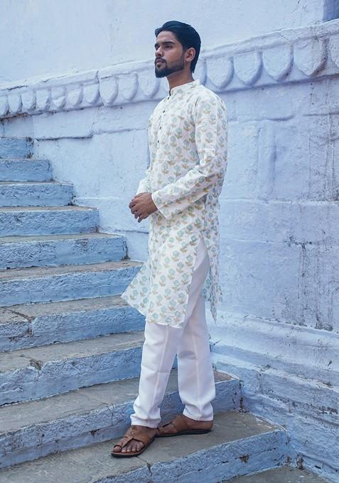 White Printed Woven Cotton Kurta Set For Men
